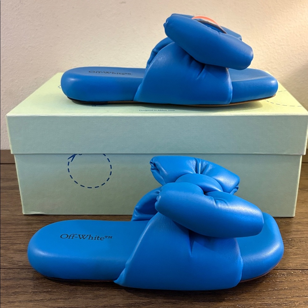 NIB [Off-White] Oversized Bow Blue Leather Slip-On Sandals Women’s EU 36 / US 6 - Picture 4 of 14